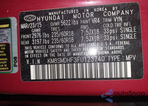 2015 Hyundai Santa Fe Gls из США, поврежденный, VIN KM8SMDHF3FU123740